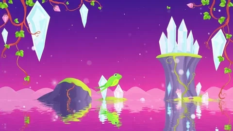 Floating Crystal Isles at Night: Animated Scene with Crystals, Sky, and Water R Stock Footage 307473671
