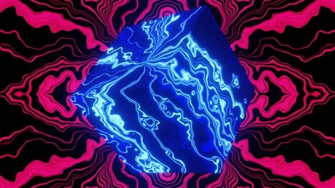 Floating cube with blue pattern on the background of red VJ Loop pattern Stock Footage 172210265