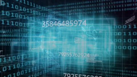 Floating cube rotating after entering binary tunnel to reveal pulsing world map Stock Footage 312416571