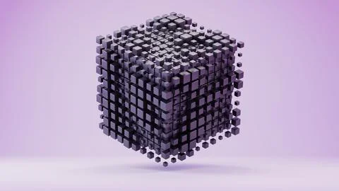 Floating Cube Structure Composed of Smaller Black Cubes on a Purple Backgroun Stockillustratie