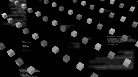 Floating cubes and coding text, data processing animation on black background Stock Footage 305132499