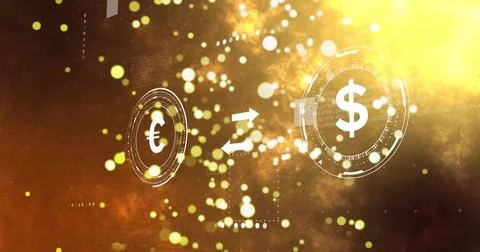 Floating currency exchange centering in amber-gold nebula, euro or dollar HUD Illustrazione stock
