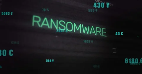 Floating currency starting letters morphing into RANSOMWARE over circuit board Stock Footage 312348944