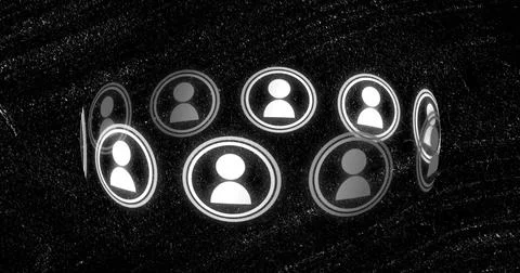 Floating curved ring of user-avatar badges showing white icons in abstract 写真素材