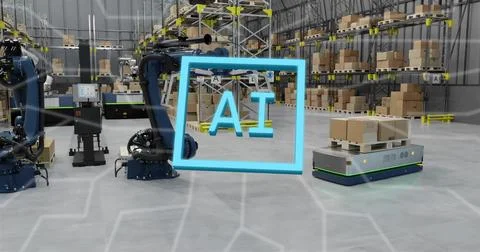 Floating cyan AI frame hovering over warehouse center, showing blue robot arms, Stock Photos