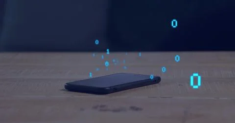 Floating cyan binary digits shimmering above black smartphone lying on worn Foto stock