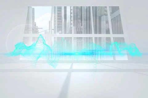 Floating cyan-blue 3D render waveform glowing above grid floor in minimal studio Ilustración de archivo