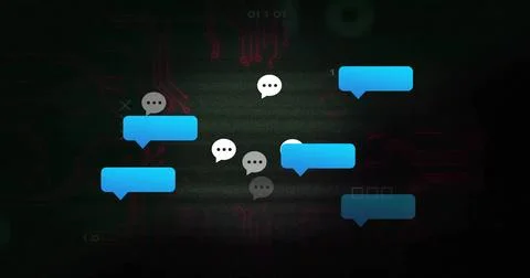 Floating cyan chat bubbles glowing on motherboard, showing dots, squares, Stock Illustration