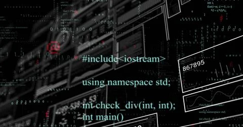 Floating cyan-green C++ code block filling virtual interface, with binary Stock Photos