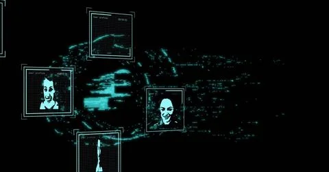 Floating cyan grid profiles in virtual cyberspace, streaming pixel cloud with Stock Photos