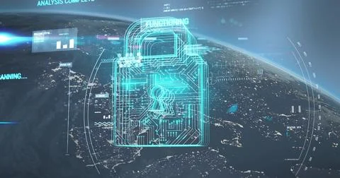 Floating cyan holo padlock wireframe hovering above night planet, displaying Stock Illustration