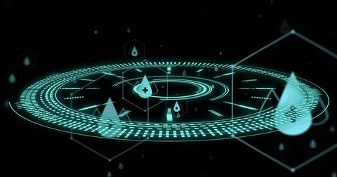 Floating cyan holographic circular interface glowing in black void, showing Illustrazione stock