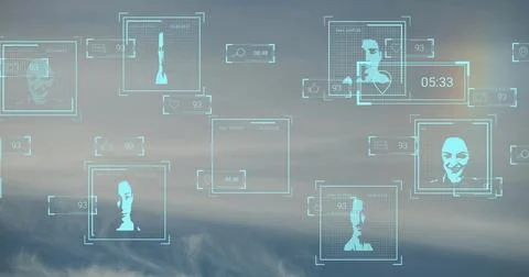 Floating cyan holographic frames hovering over clouds and ridge, showing 库存照片