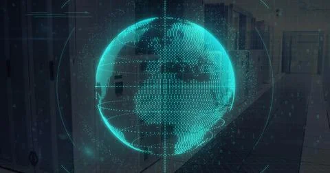 Floating cyan holographic globe hovering in data center corridor, with server Stock Illustration
