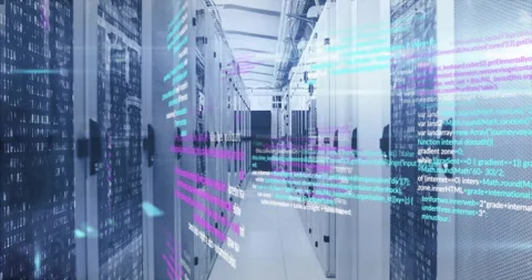 Floating cyan magenta code lines emerging from corridor edges then converging Stock Footage 309721984