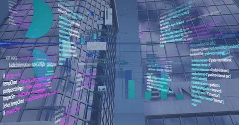 Floating cyan magenta code overlays filling glass atrium, showing lattice column Foto stock