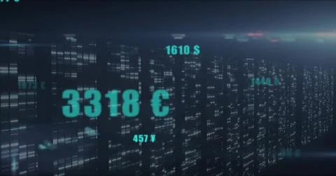 Floating cyan numeric readout 3318 C glowing in data corridor with server Illustrazione stock
