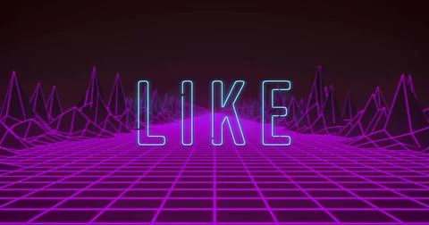 Floating cyan-outlined LIKE hovering over magenta wireframe grid in retro neon Stock Illustration