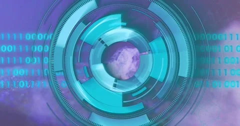 Floating cyan ring expanding into ringed tech interface and scanning purple Stock Footage 317772259