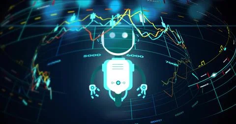 Floating cyan robot icon hovering in virtual 3D data dashboard, with colorful Fotos de archivo