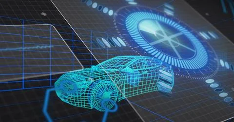 Floating cyan wireframe 3D car model hovering above blue grid, displaying HUD Stock Illustration