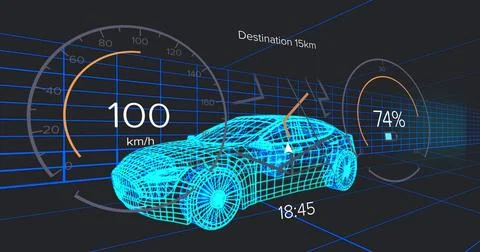 Floating cyan wireframe car gliding through blue grid tunnel, with speedometer Stock Illustration
