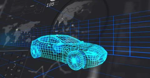 Floating cyan wireframe car rotating with wireframe wheels over virtual 3D grid, Foto stock
