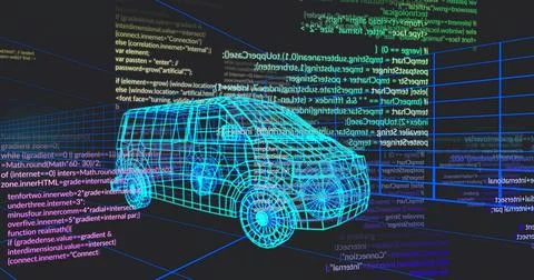 Floating cyan wireframe SUV drifting in virtual grid environment, with glowing Stock Illustration