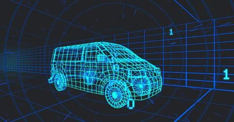 Floating cyan wireframe van sitting at center in 3D tunnel, grid lines, HUD, Stock Photos