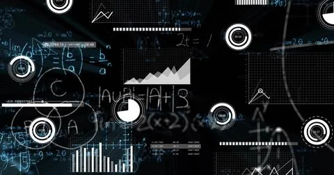 Floating dashboard displaying line graphs bar charts pie chart progress Illustrazione stock