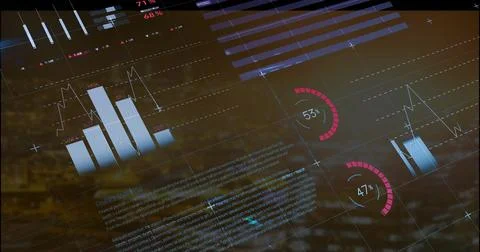 Floating dashboard overlay hovering over skyline at night with bar charts and 스톡 일러스트