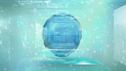 Floating data and abstract technology elements surrounding digital globe 動画素材 304839264