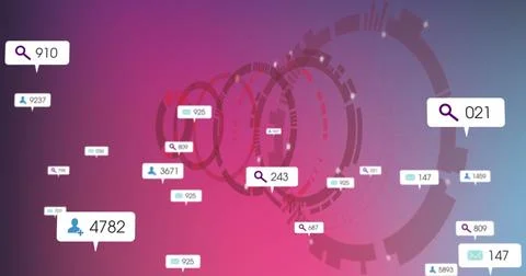 Floating data bubbles on dashboard with rings, values on magnifying glass user Stock Photos