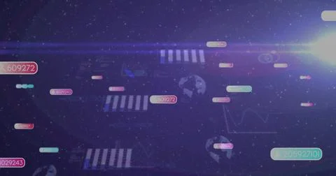 Floating data cluster drifting across starfield, showing numeric tags, bar Stock Photos