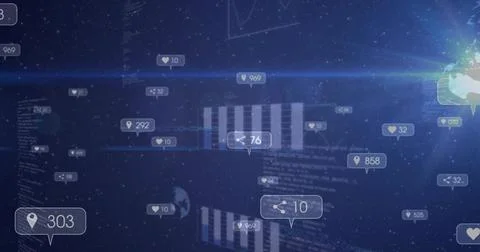 Floating data cluster occupying center in virtual 3D space, with UI tags, bars, Illustrazione stock