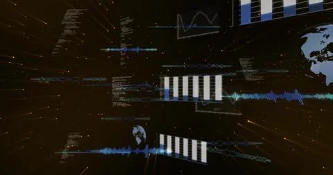 Floating data cluster pulsing in virtual dashboard, showing stacked bars, Stock Illustration