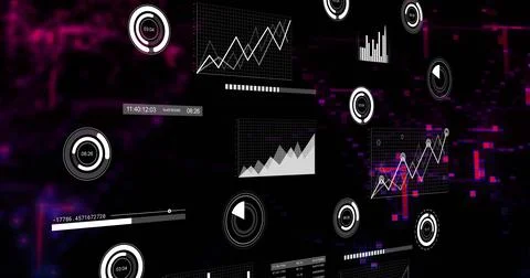 Floating data cluster showing across dark field, with line charts, gauges, Foto stock