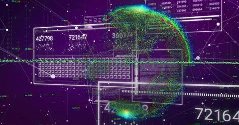 Floating data globe representing network in cyberspace, with laptop grid, nodes Stock Photos