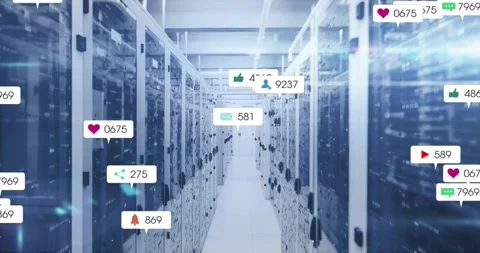 Floating data icons appearing along server racks showing growing social metrics Stock Footage 319782780