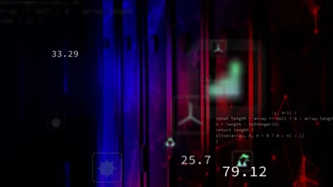 Floating data icons are shifting on dark UI with blue-red bands showing CO² Stock Footage 332685884