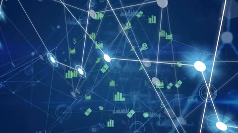 Floating data network drawing closer as diagonal beams sweeping, nodes pulsing, Stock Footage 334418791