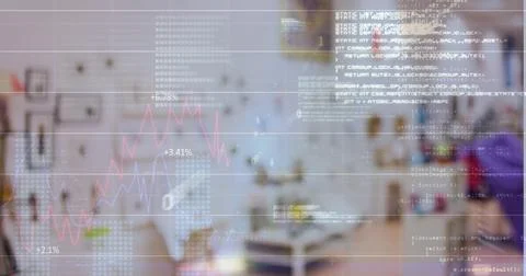 Floating data overlay with code and red-blue charts over home-office, person in 스톡 사진