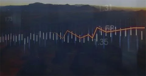 Floating data overlay over mountain ridge at dusk, with white bars, yellow trend Stock Photos