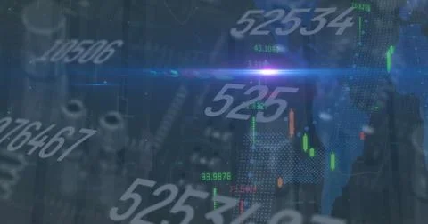 Floating data overlays over circuit board, with numeric data, chart bars, world Stock Photos