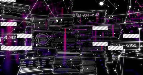 Floating data panels displaying numeric code, connecting nodes and magenta beams 스톡 사진