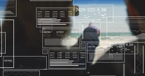 Floating data panels dominating cabin window view of sea, obscuring blurred Stock Photos