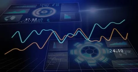 Floating data panels showing line graphs, bar charts and map overlays in Stock Photos