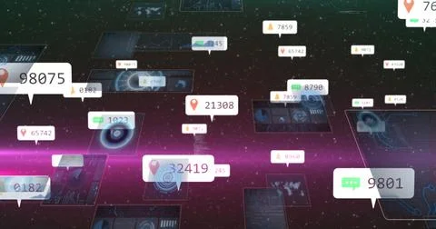 Floating data panels showing numeric data, pin and chat icons in starfield Stock Photos