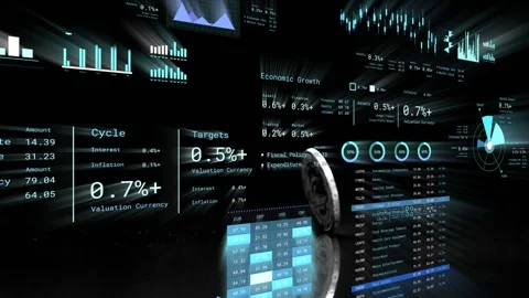 Floating data panels updating after camera flight, coin spinning in, settling, Stock Footage 334013847