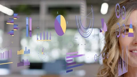Floating data plane appearing triggers bright charts shifting while woman Stock Footage 332505392